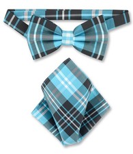 Vesuvio Napoli BowTie Black Turquoise White Plaid Mens Bow Tie and Handkerchief