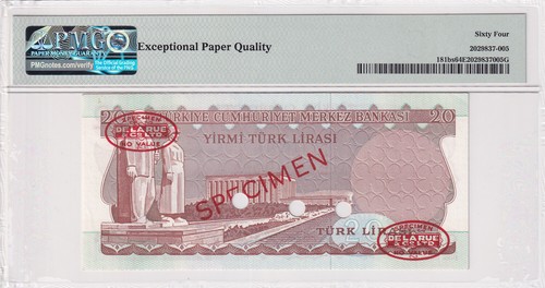 Turkey, 20 Lira, 1966, UNC, p181bs, Specimen - Picture 2 of 2