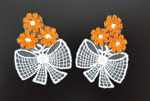 White w/Orange or Coral Pink Flower Lace Patch Motif Appliques Crafts Supply A49 - Picture 5 of 14