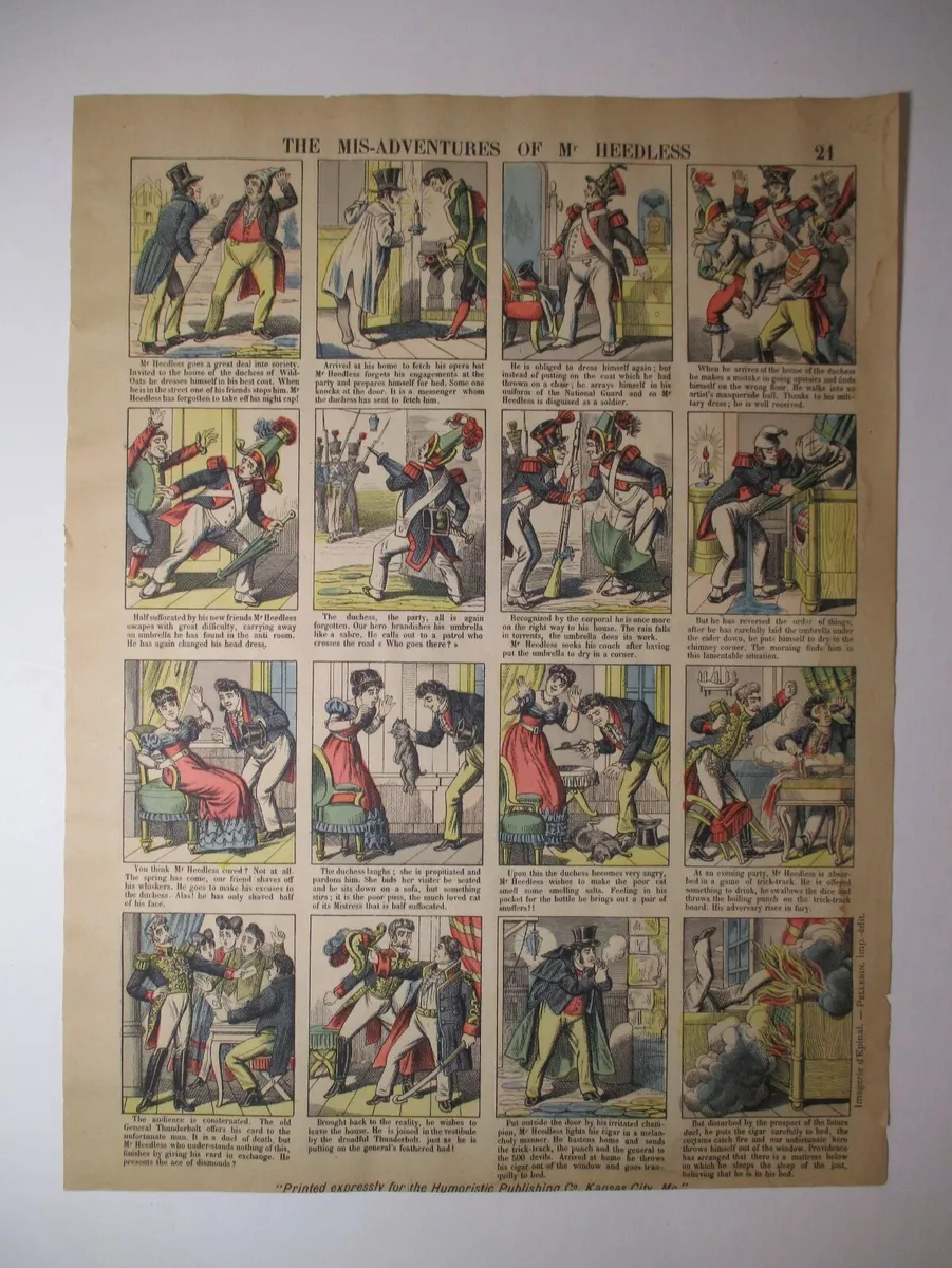 1888 Very Early COMIC STRIP Hand-Colored IMAGERIE d'EPINAL MR. HEEDLESS #  21