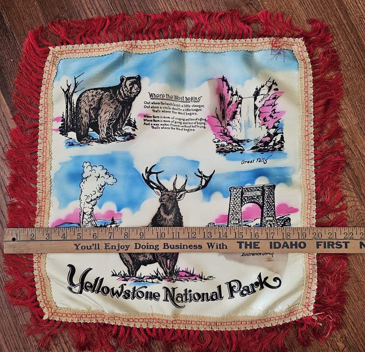 Vintage 1940s-50s Yellowstone National Park Fringed Silk Souvenir