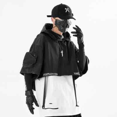 Hip Hop Cropped Jacket Pullover Punk Motorcycle Hooded Cloak Multi Pockets