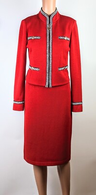 St. John by Marie Gray Women's Red Black Trim Knit Two Piece Skirt Suit [size 8]