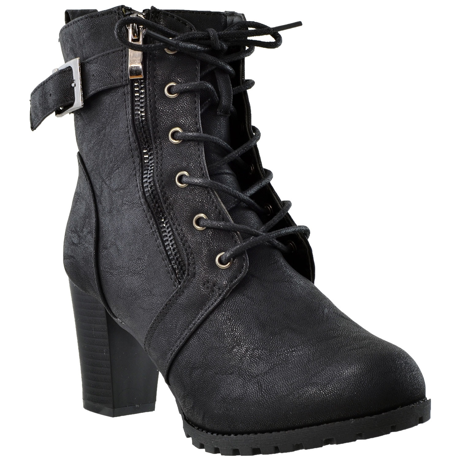 Womens Ankle Boots Lace Up Buckle Strap High Heel Booties Miltary ...