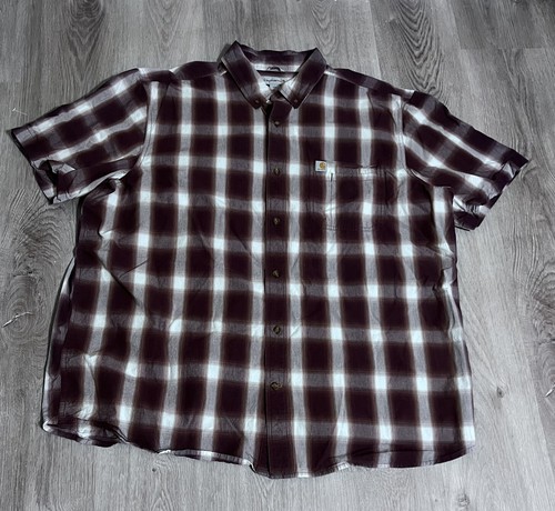 Men’s Carhartt Relaxed Fit Button Down Short Sleeve Shirt Brown & Ivory 2XL - Picture 2 of 10
