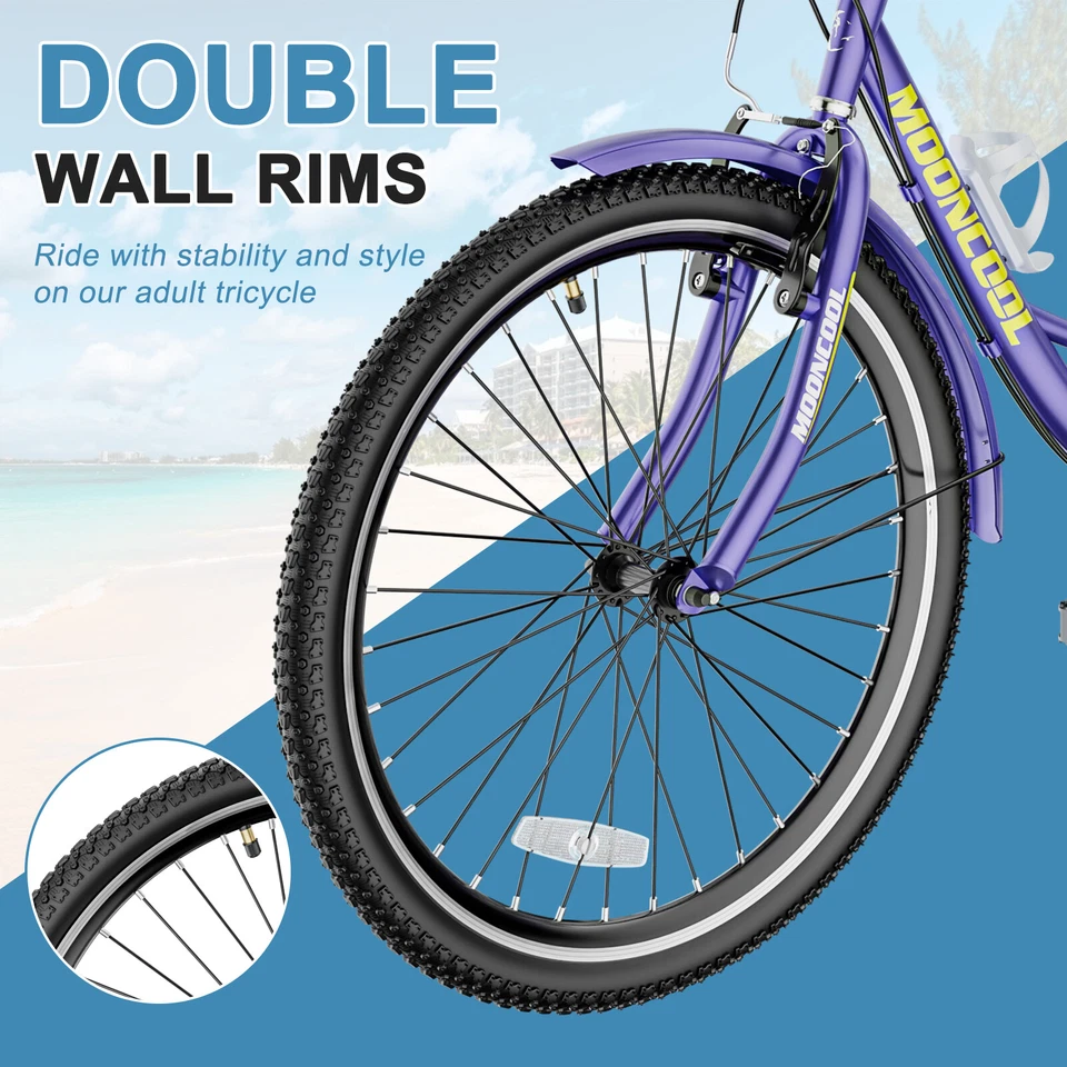 Mooncool 24" 7 Speed Adult Trike Tricycle 3-Wheel Bike with Basket for Shopping - Image 4 of 4