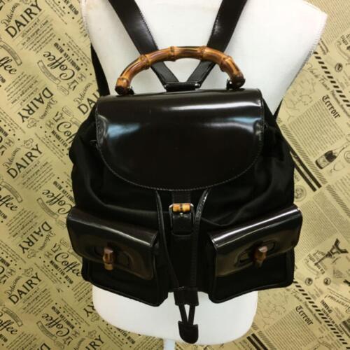 Gucci Vintage Bamboo Nylon Patent Backpack Vintage 90s Gucci Nylon Bamboo Handle Leather Backpack  main image 4
