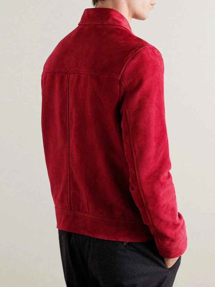 Mens Red Pure Suede Leather Jacket Slim Fit Trucker Jacket Custom Size S M L XL - Image 2 of 3