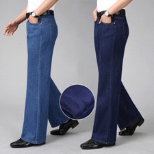 Men Fleece Lined Jeans Stretch Thermal Straight Leg Denim Pants Retro Slim