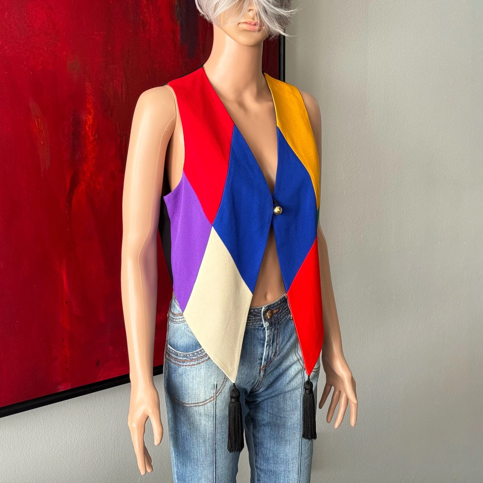 MOSCHINO CHEAP e CHIC gilet arlecchino anni 90 con nappe taglia 44