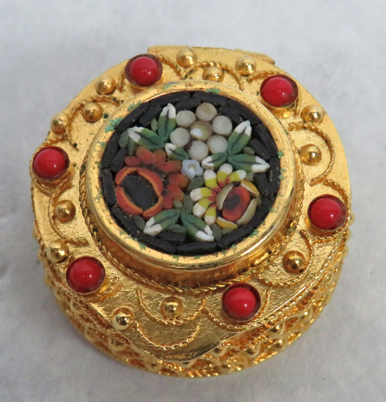 VINTAGE ITALIAN MICRO MOSAIC GOLD GILT JEWELED PILL BOX eBay