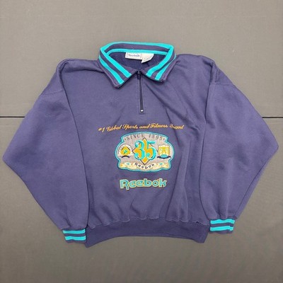 Vintage Reebok 1/4 Zip Sweatshirt Mens M BlueTeal Spellout Graphic Pullover