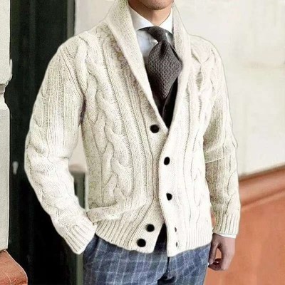 Men's Autumn/Winter New Knitted Cardigan Lapel Long Sleeve Sweater Cable  Jacket