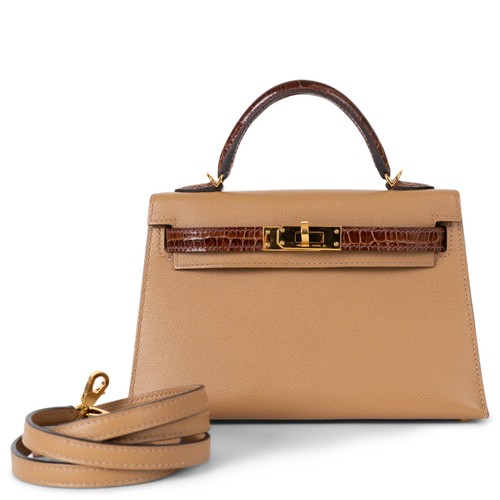 74396 auth HERMES Chai & Miel leather & CROC MINI KELLY 20 SELLIER TOUCH Bag