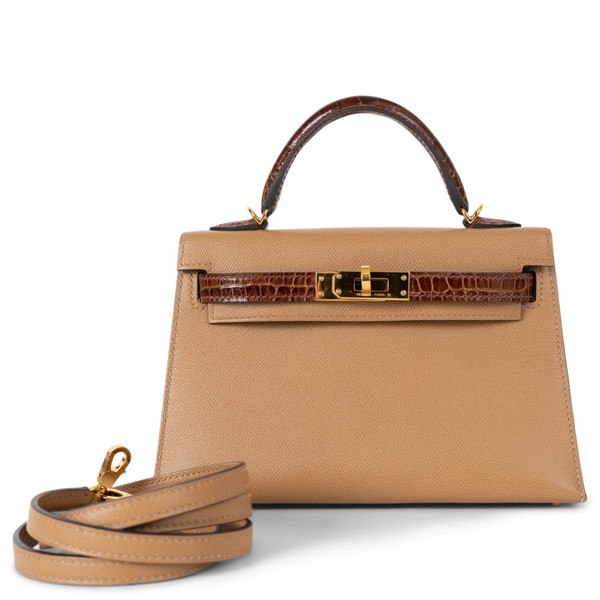 74396 authentische HERMES Chai & Miel Leder & Kroko Mini Kelly 20 SELLIER TOUCH Tasche