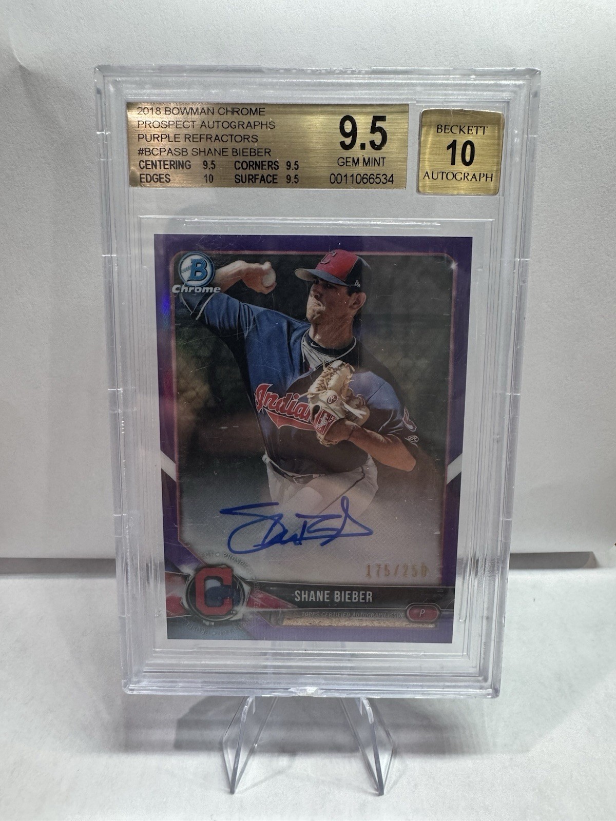 2018 Bowman Chrome Shane Bieber Purple Refractor Auto SP /250 BGS 9.5 Gem Mint
