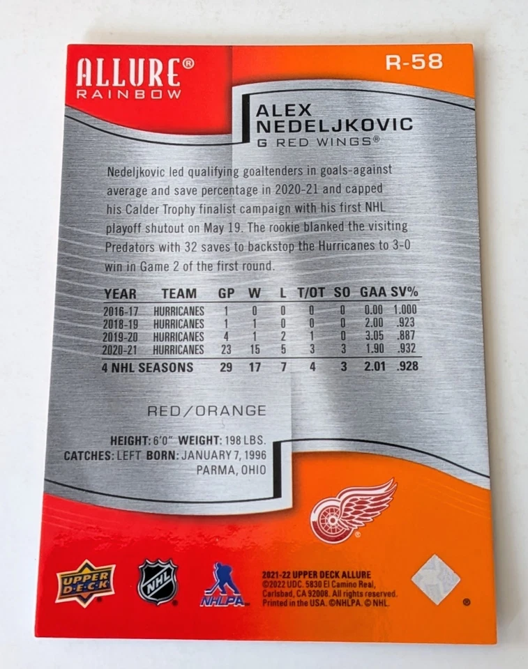 2021-22 Upper Deck Allure Rainbow Red/Orange #R-58 Alex Nedeljkovic Detroit  - Image 2 of 2