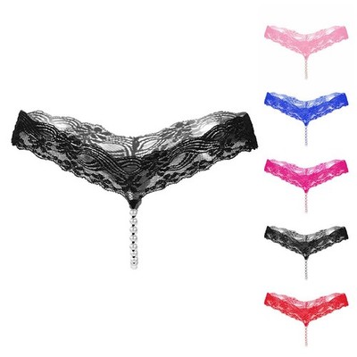 Women Sexy Lace Thong Panties Transparent G String Underwear with Pearls