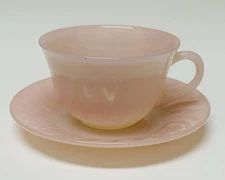 Vintage Fire King Oven Ware Pink Swirl Coffee Tea Cup and Saucer Set Excellent