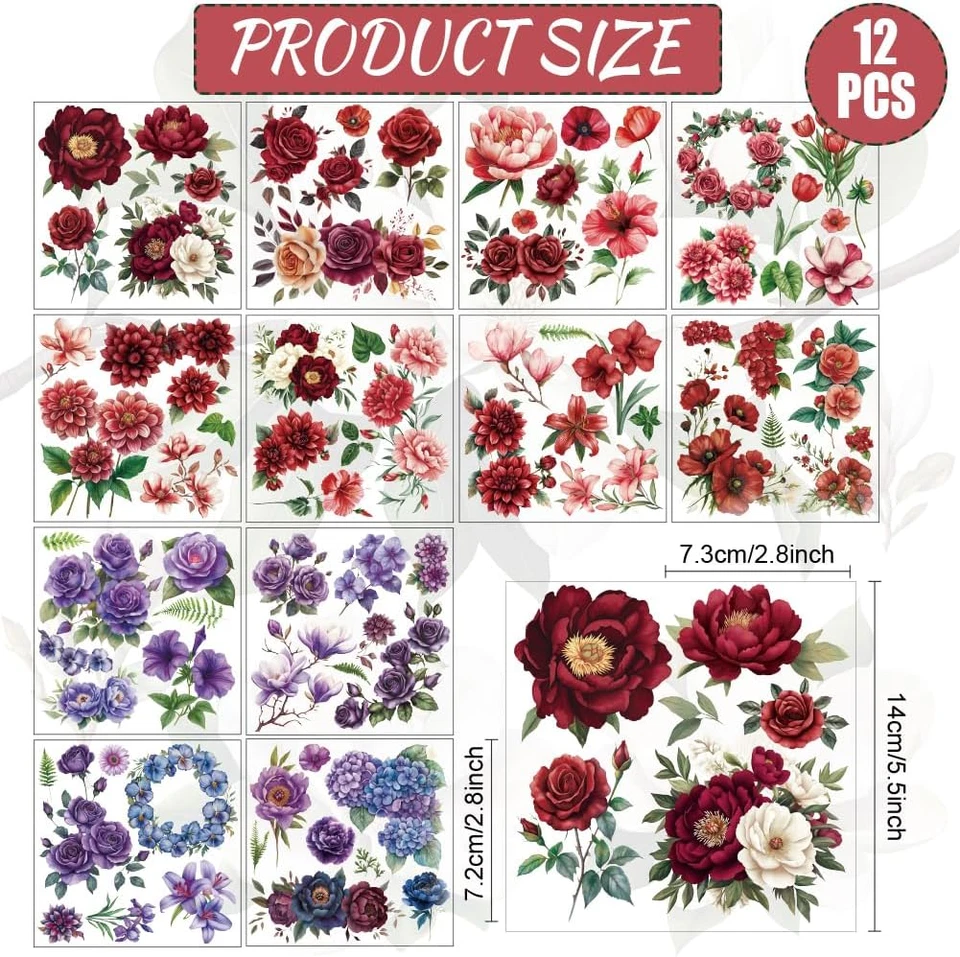 12 hojas rosa roja frotar en transferencia para muebles y manualidades púrpura floral frotar en Foto 2 de 4