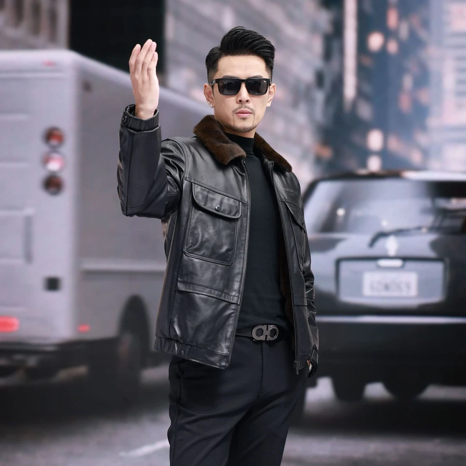 Мужской из натуральной кожи съемный реальный норки с подкладкой лацкан короткое пальто теплая куртка Sz - Изображение 2 из 4