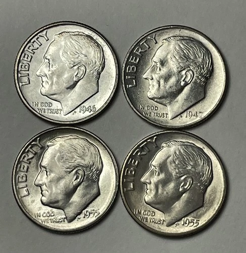Lot Of 4 Silver Roosevelt Dimes 1946 1947-S 1955-S 1955-S UNC