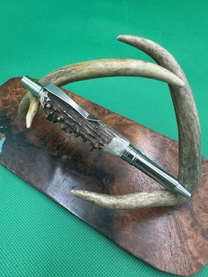 Hand Turned US Made Ballpoint Pen Coyote in Stainless Steel with Roe Deer Antler