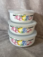 Vintage GMI Colorful Fruit Enamel Metal Set of 3 Nesting Mixing Bowls with Lids
