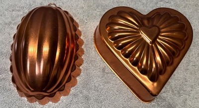 Set Of 2 Vintage Copper Molds for Baking Or Jello Cake Heart And Tall Pumpkin.