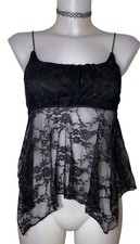 Y2k 90s Womens Black Floral Lace Sheer Asymmetric Top Sz S Babydoll Whimsigoth