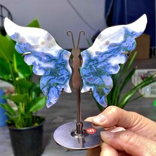 105G Natural Moss Agate crystal hand carved butterfly wing