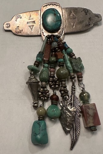 Vintage NATIVE AMERICAN INDIAN Turquoise Feather Arrow Sterling Silver Stone Pin