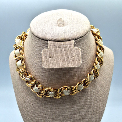 Joan Rivers Gold Tone Braided  White Faux Leather Chunky Runway Choker Necklace