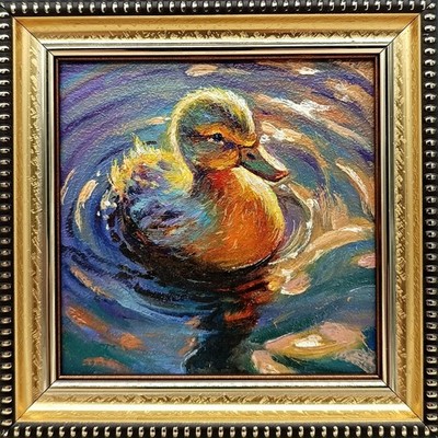 Duckling Original Oil Painting 4x4 Framed Signed Cute Baby Duck Water Pond Art