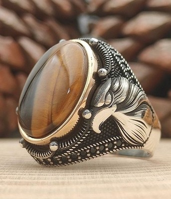 Natürlicher Tigerauge Stein, Adler-Motiv, 925 Sterling Silber Herrenring / Sa4