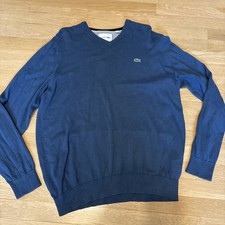 Lacoste Men's Blue Knit Pullover Sweater L V-Neck Solid Logo Long Sleeve XXL 2XL