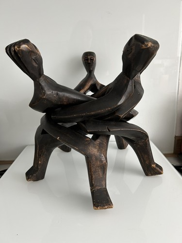 Lge African Unity Circle Sculpture 5 head Ghana Carved wood art décor beautiful - Foto 5 di 12