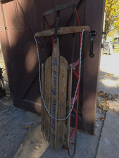 Lightning Guider Wooden Sled w/ Metal Runners  Pull Rope, Brown/Red/Blue
