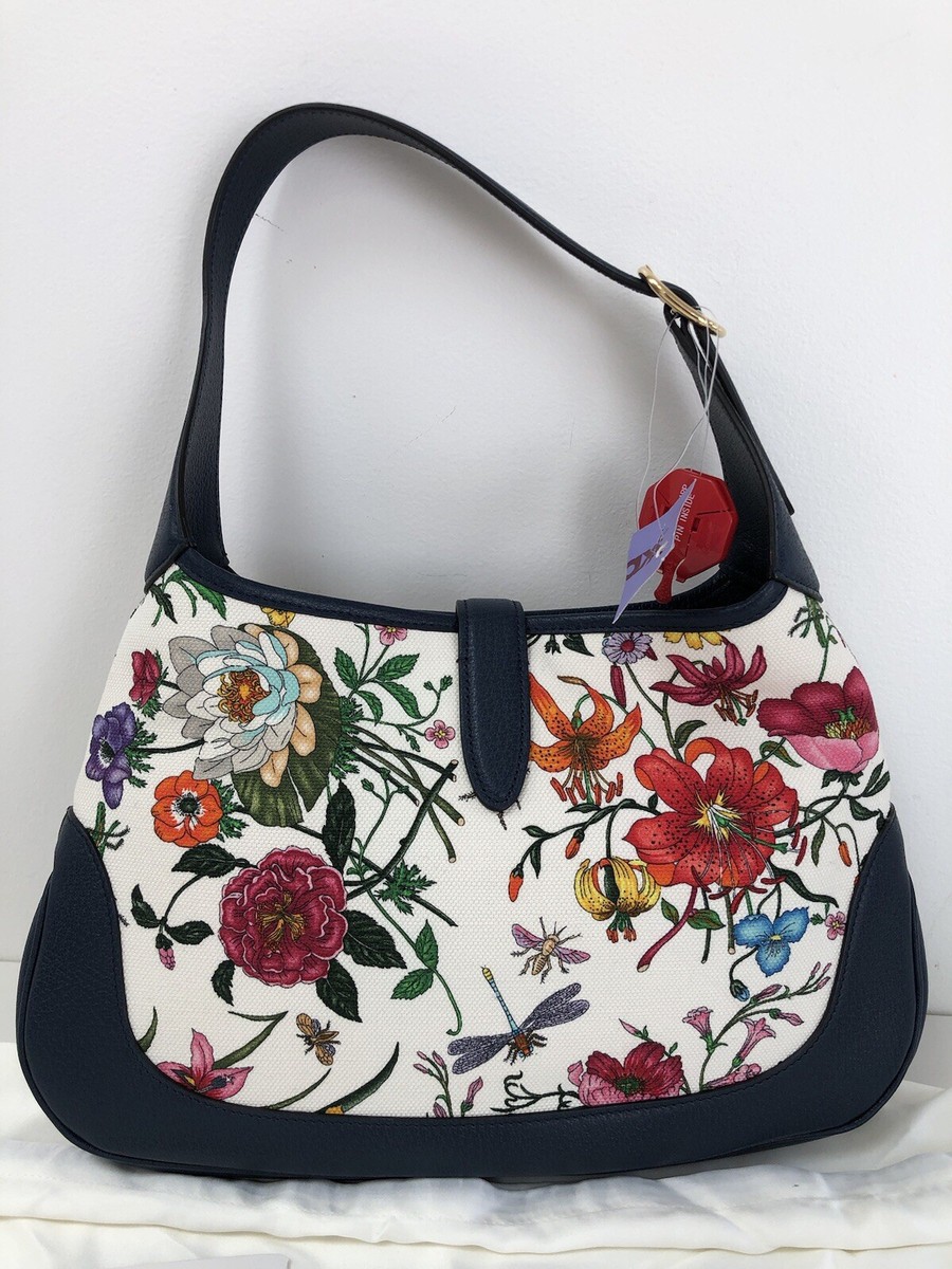 New GUCCI Jackie Flora Canvas Leather Shoulder Bag Hand Bag Navy