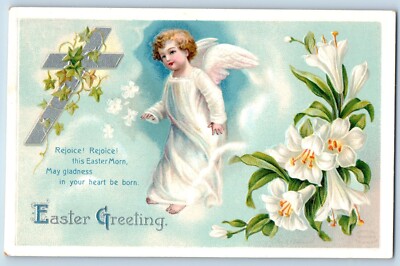 Easter Postcard Greeting Holy Cross Angel Lily Flowers Clapsaddle Embossed c1910