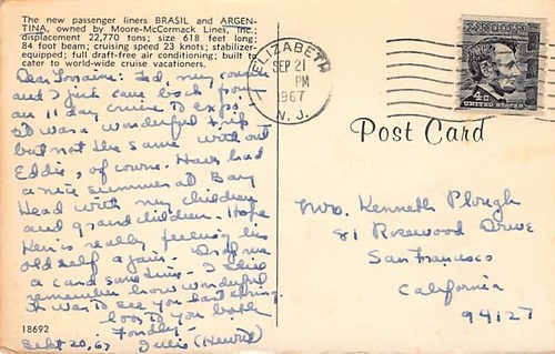 Postcard Cruise Ship: Brasil & Argentina, MOORE-MCCORMICK LINE, Posted 1967 - Picture 2 of 2