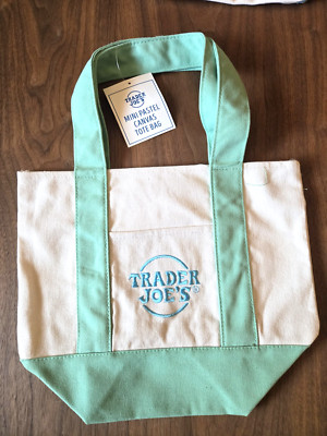 Trader Joe s Mini GREEN Pastel Canvas Tote Bag New With Tags Embroidery