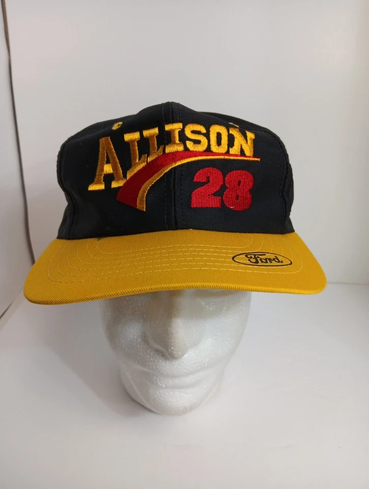 Vtg Davey Allison Snapback Cap Nascar Ford 28 Racing Black Yellow Stitched Hat - Image 2 of 4