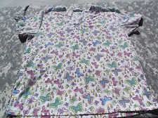 Cassandra O White Green Blue  Purple Butterflies  Flower Print Scrub Top 6760
