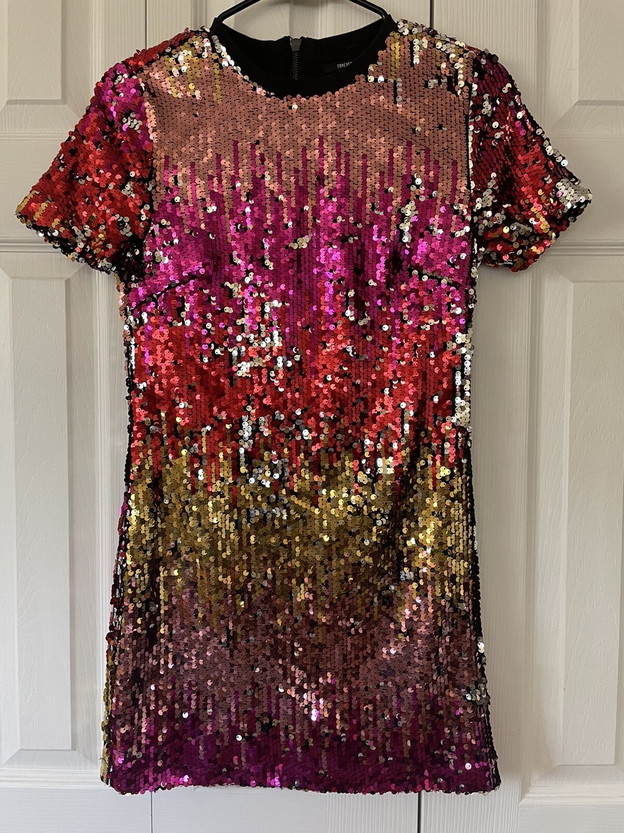 HOT ! 27 Sequin Dresses Forever 21 Iridescent Dress Forever 21 Sequin Shift  Dress Size Small Ombre Gold Short Sleeve Asos Mango Zara