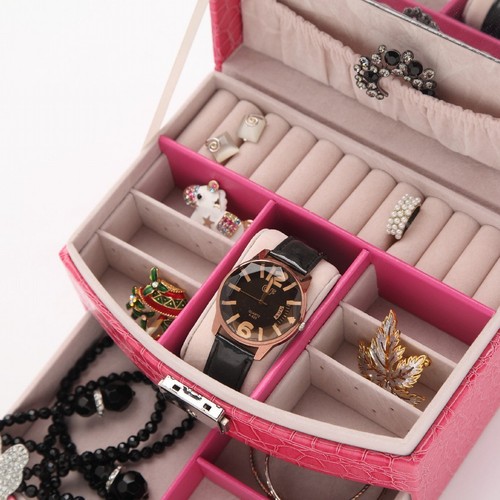 Faux Leather Crocodile Pattern 2 Layers Automatic Buckle Jewellery Display Box - Picture 2 of 14