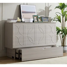 Queen Size Murphy Bed w/Foldable Mattress & Drawers Wooden Murphy Cabinet Bed 