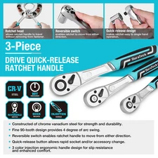 DURATECH 3Piece Drive Ratchet Handle 1/4" 3/8" 1/2" Quick-release Ratchet Wrench