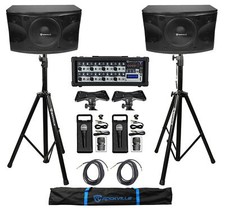2 Rockville KPS12 12" 3-Way 1600w Karaoke Speakers Mixer Tripod Stands 2 Mics