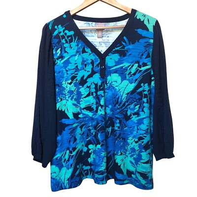 Chico s Spring Paradise Woven Elbow Slv Henley Top Blouse Floral Size 2 / M /12